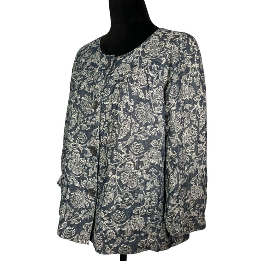 J. Jill Blue White Floral Jacket Brocade Woven Short Button Front Spring Blazer